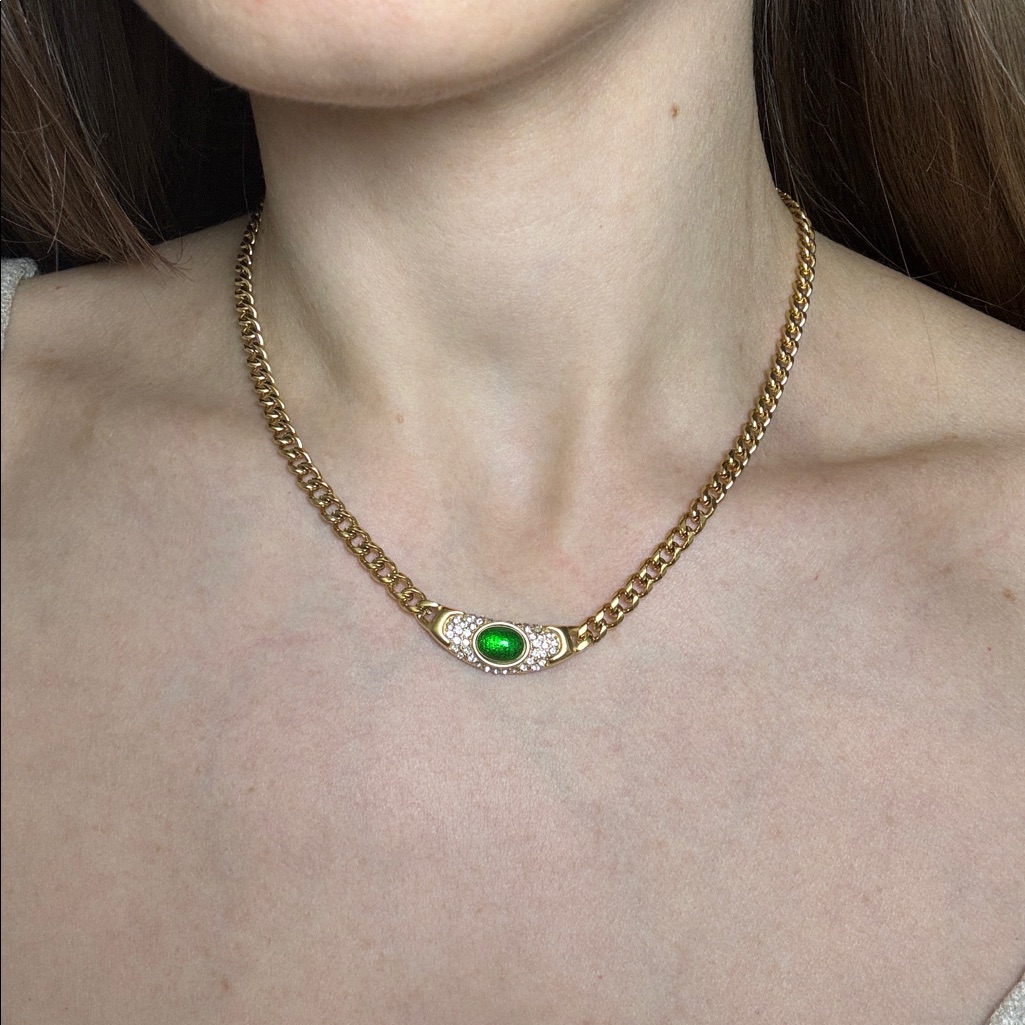 Elegant Gold Necklace With Cz Stones And Green Gemstone